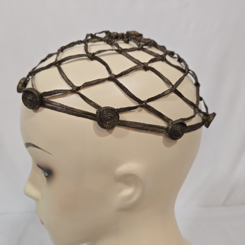 Vintage 1930s 40s Bronze Metallic Cord Juliet Cap Hair Snood Hand Knotted